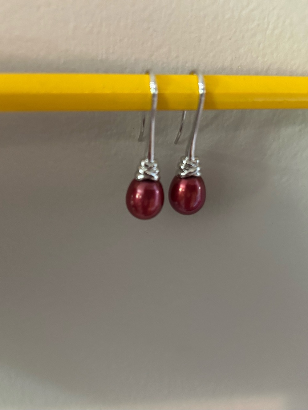 Red Cultured Freshwater Pearl Drop Earrings with Sterling Silver Shepherd’s Hook - Picture 4 of 6